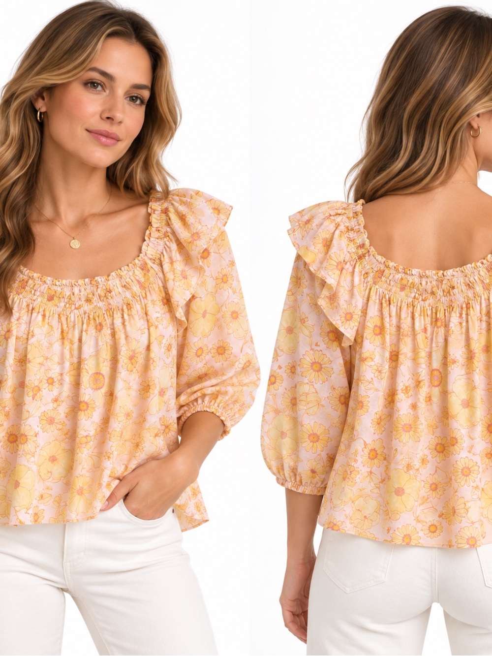 Free People Peach Floral Smocked Ruffle-Neck Blouse